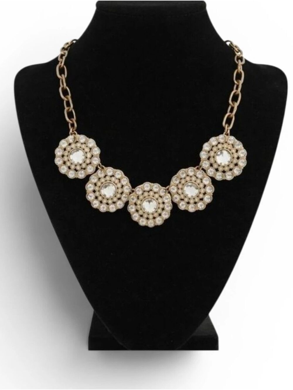 J.Crew Goldtone Flower Necklace w/ White Crystal Rhinestones